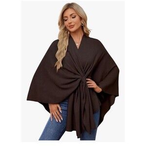 Puli Women's Brown Versatile Knitted Shawl Poncho Sweater Wrap Cape